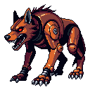 Rustfang — mechanical wolf with rusted metal plating and glowing red eyes