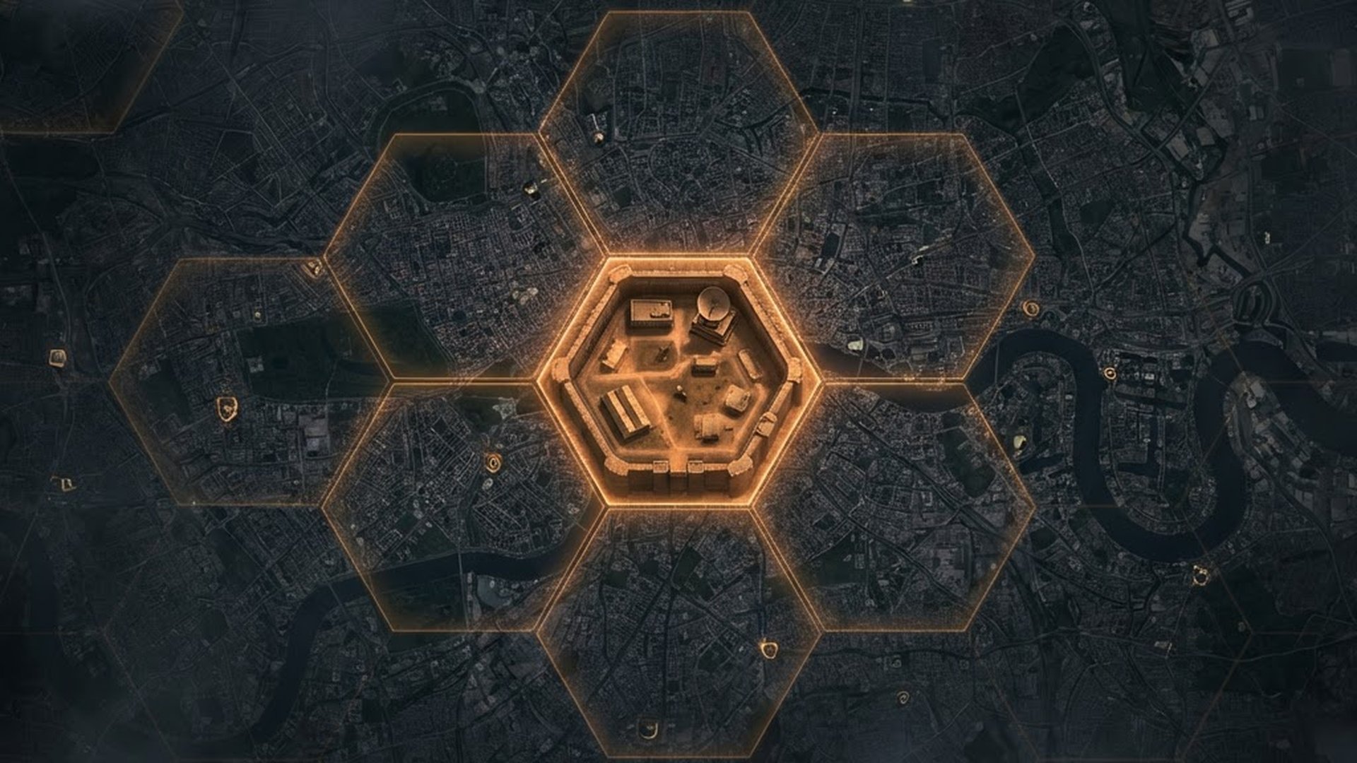Fortified base on real-world satellite map with hex territory