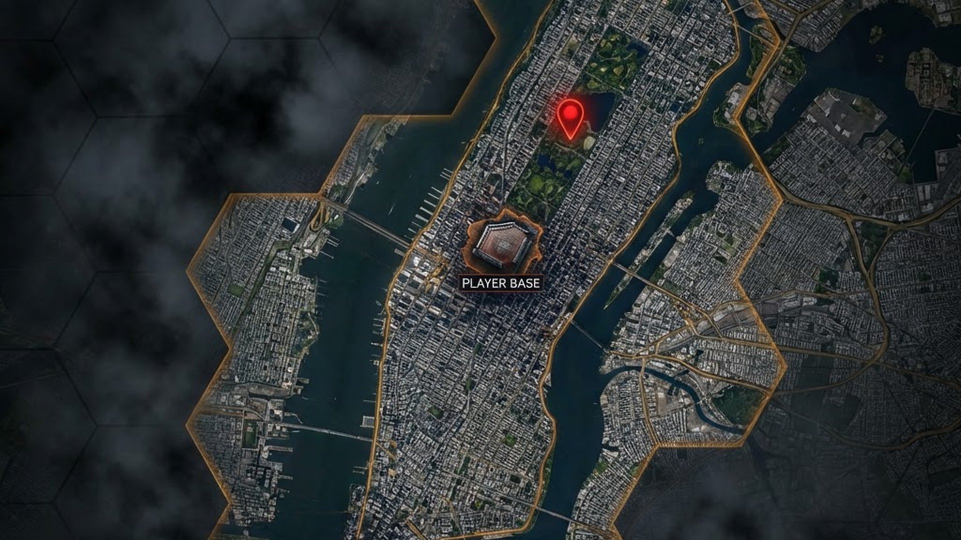 Hex grid overlaid on Manhattan satellite view — real-world territory claiming
